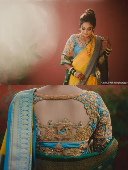A showcase of the bride's stunning look, focusing on her intricate blouse embroidery and elegant portrait.