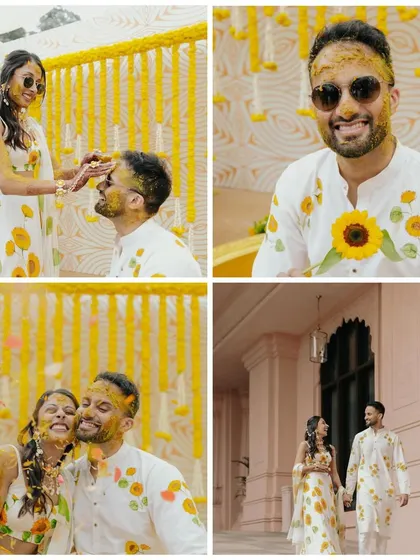A collage of a fun-filled Haldi ceremony. The couple, dressed in matching sunflower-print outfits, are seen laughing as they are covered in turmeric, capturing the playful spirit of the ritual.