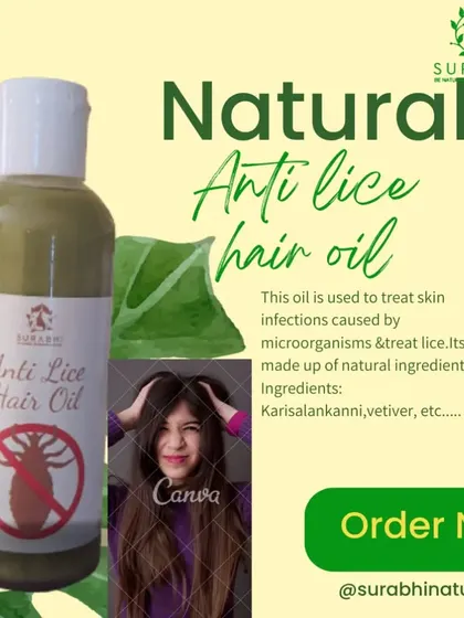 My Natural Anti-Lice Hair Oil uses ingredients like Karisalankanni and Vetiver to treat lice and other skin infections caused by microorganisms. It's a safe, herbal remedy.