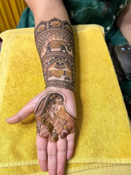 A single-hand design featuring a bride portrait, elephant procession, and a "gathbandhan" (wedding knot) ceremony scene.