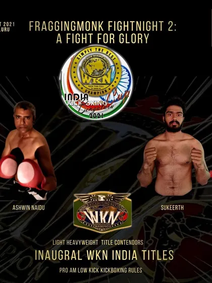This promotional graphic features our founder, Ashwin Naidu, as a contender for the inaugural WKN India Kickboxing title. His participation in such high-profile events reinforces our school's position as a leader in combat sports training.
