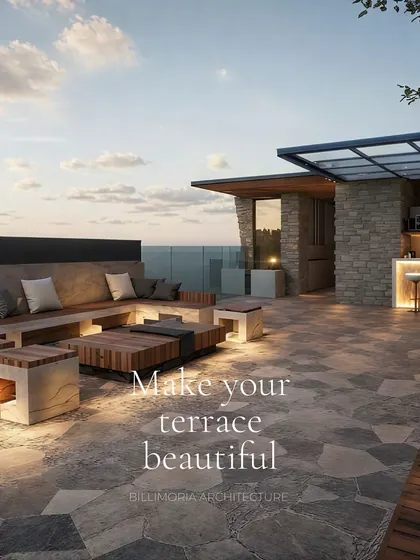 This expansive rooftop terrace is designed for entertaining. It features a built-in bar with ambient lighting, extensive lounge seating, and open views, creating the ultimate outdoor social space.