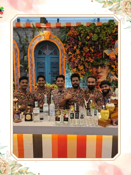 Our team in custom floral vests for a brunch in Kolkata, perfectly matching the vibrant, joyful theme of the event.