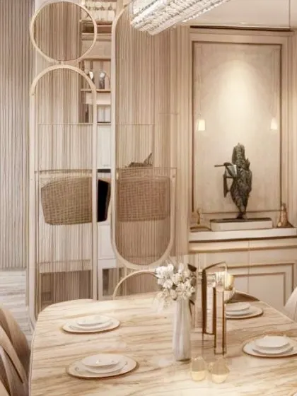 A render of an alternate dining room concept, featuring a different style of partition and a corner pooja niche.