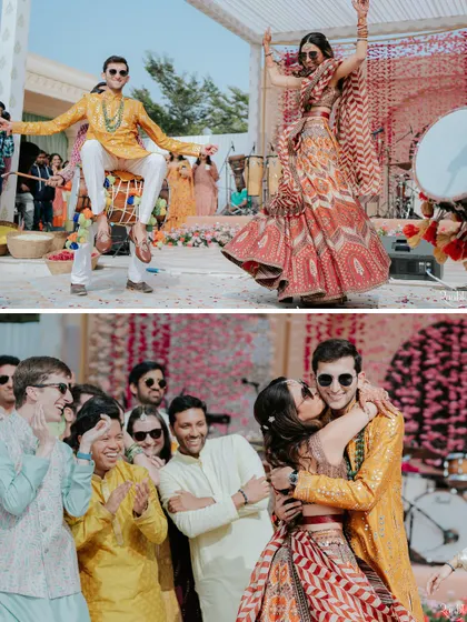 A diptych of pure energy from the haldi celebration, showing the groom dancing on a dhol and the couple sharing a happy kiss amidst the crowd.