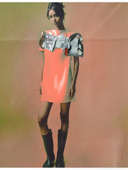 An image from my conceptual series 'From the Pages,' where a model wears a simple dress adorned with magazine cutouts. This piece serves as a cultural commentary on how media imagery shapes our perception of self and style.