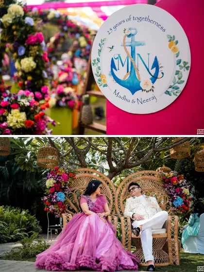 A custom plate with the couple's anniversary monogram and beautiful wicker peacock chairs for their seating.