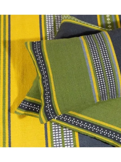 This collection of striped outdoor fabrics in bold yellow and green is perfect for adorning cushions and throws. They are easy to clean, durable, and water-resistant, making them a practical and stylish choice for any outdoor setting.
