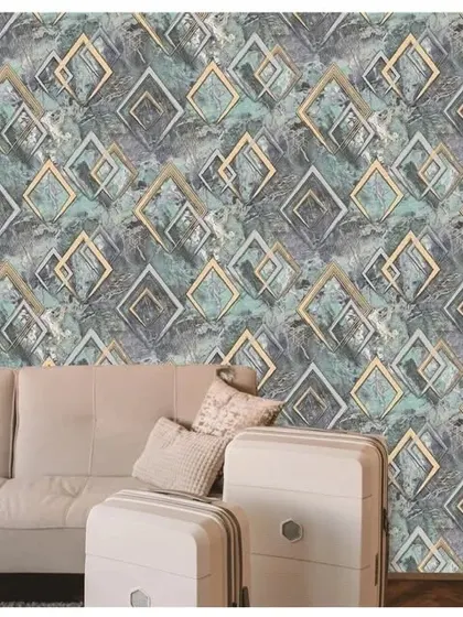A living room mockup with a complex abstract geometric wallpaper, creating a dynamic and artistic feature wall.