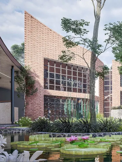 A key feature of our Centre for Excellence concept is the integration of water, seen here with the lily pond. Water bodies are used to create tranquil moments and define pathways through the campus landscape.