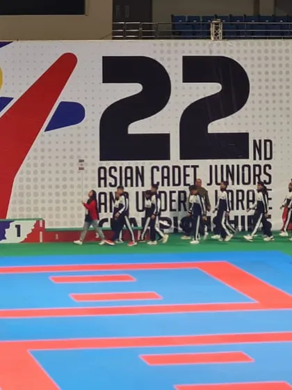 The competition floor at the 22nd Asian Cadet, Juniors and Under 21 Karate Championship. This is the stage where my students prove their mettle against the best in Asia.