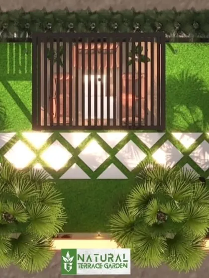 A top-down 2D plan for a front yard landscape. The design includes a central pergola, a geometric pathway, and lush trees, showing our expertise in ground-level landscaping.