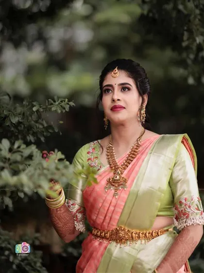 A thoughtful portrait of the bride. The makeup is soft and flattering, enhancing her features without overpowering her natural beauty for this pre-wedding event.