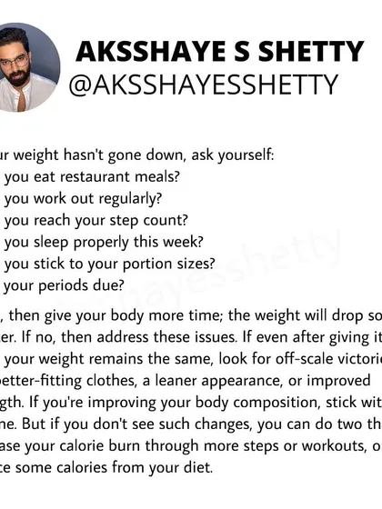 If your weight hasn't gone down, ask yourself some honest questions about your habits. If you've been consistent, give your body more time. If not, address those issues. Look for non-scale victories like better-fitting clothes.