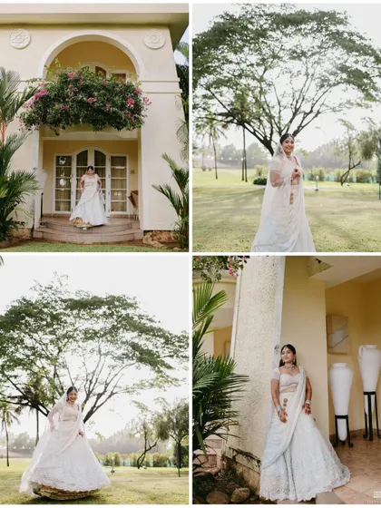 A collage of a bride in an elegant white lehenga, posing in various locations around a beautiful villa, showcasing her graceful and timeless style.