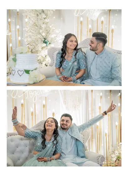A diptych from the engagement celebration. The top frame shows a sweet, quiet moment, while the bottom captures their exuberant joy. A perfect balance of their personalities.