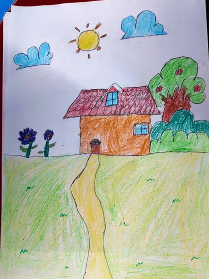 The completed house drawing from a first-time student. A great start to an artistic journey.