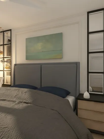 A bedroom design featuring mirrored panels on either side of the bed. This technique adds glamour and visually expands the space, reflecting the beautiful pendant lights.