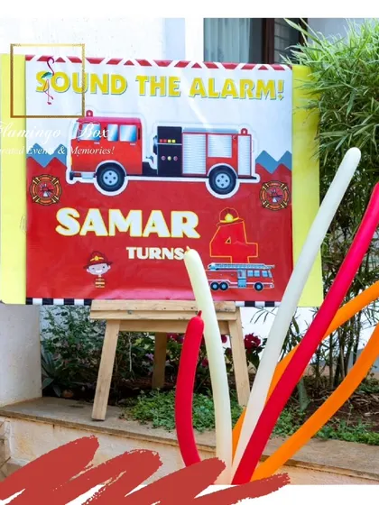 The welcome board for Samar's firefighter-themed 4th birthday. The sign sets the tone for the action-packed event from the moment guests arrive.