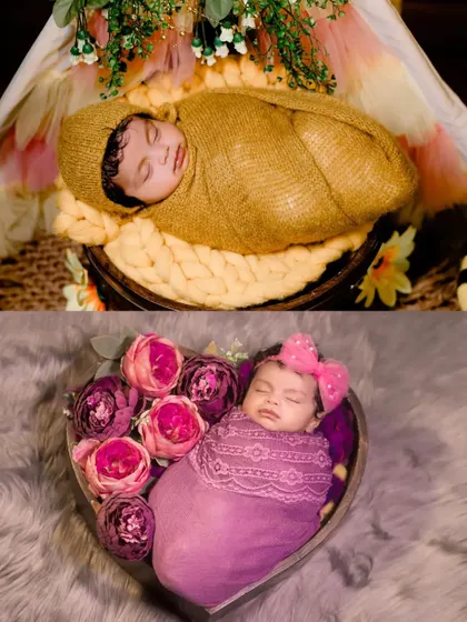 A collage featuring two distinct newborn setups: one with a baby wrapped in mustard yellow and another swaddled in pink within a heart-shaped bowl.
