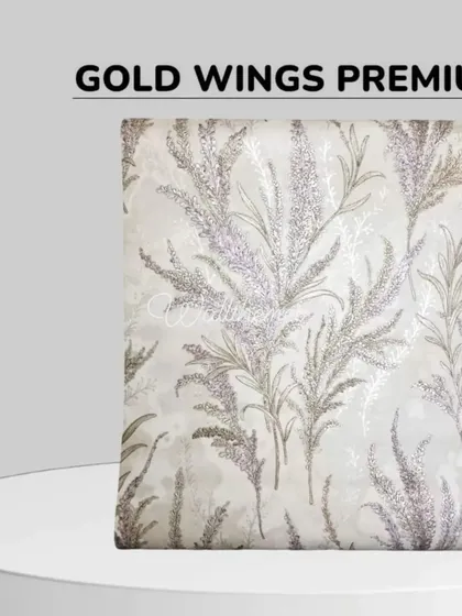 The 'Gold Wings Premium' wallpaper with a lavender-like plant design in muted purple and grey tones.
