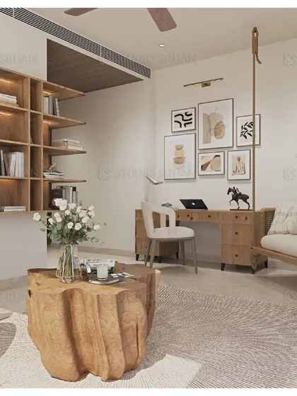 The same Varanasi lobby space, showing a home office corner and a traditional Indian swing (jhoola), blending work, relaxation, and cultural elements seamlessly.