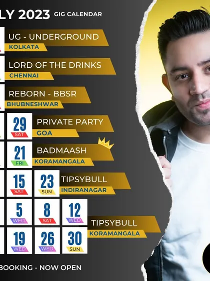 My gig calendar for July 2023, featuring shows in Kolkata, Chennai, Bhubaneswar, and Goa, along with my regular Bangalore residencies. August bookings are now open.