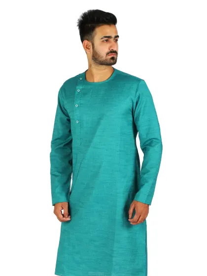 We ensure consistency across your entire collection. This image showcases a different style, a side-button teal kurta, with the same professional lighting and clear background for a cohesive catalogue look.