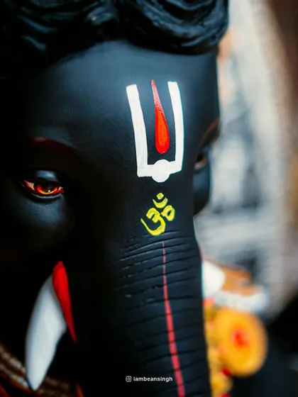 A close-up profile of the black Ganpati idol, focusing on the tilak and the powerful gaze. This perspective emphasizes the divine presence and the artistic details that make each idol unique.