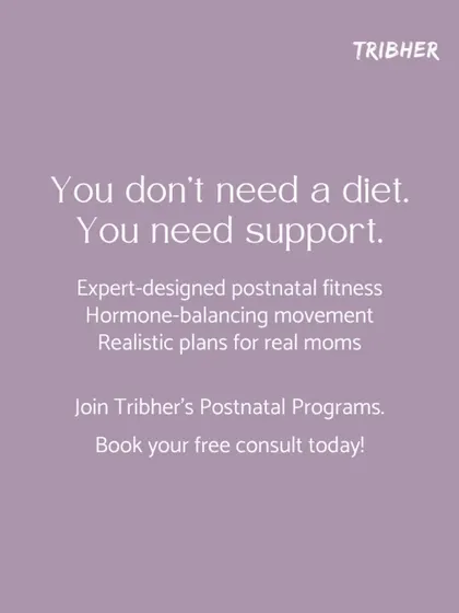 You don't need a diet, you need support. This graphic addresses postpartum weight gain by highlighting our approach: expert designed fitness, hormone balancing movement, and realistic plans for real moms.