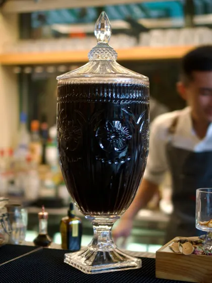 A large dispenser of our house-made Glühwein (mulled wine), a staple of our Christmas celebration that kept everyone warm and merry.