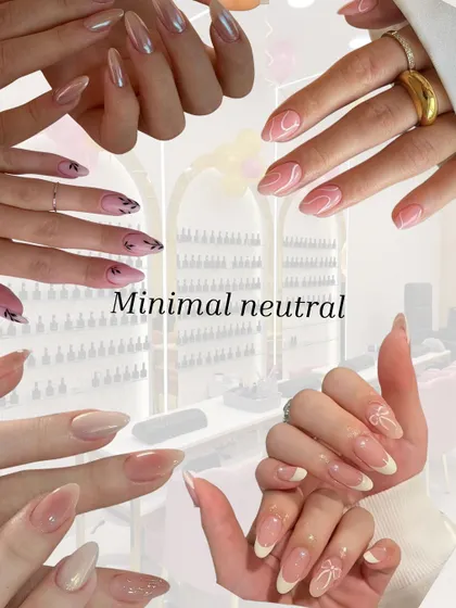 A collage celebrating minimal and neutral nail trends. From simple French tips to delicate bow accents, these designs prove that sometimes, less is more.