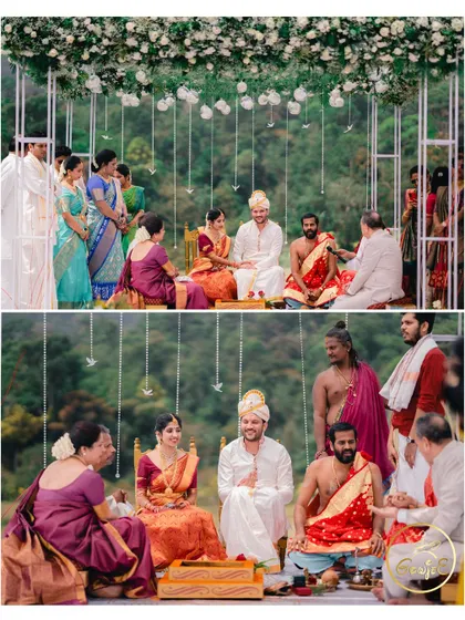 A collage capturing the serene moments of a traditional wedding ceremony, with the couple surrounded by family and priests.