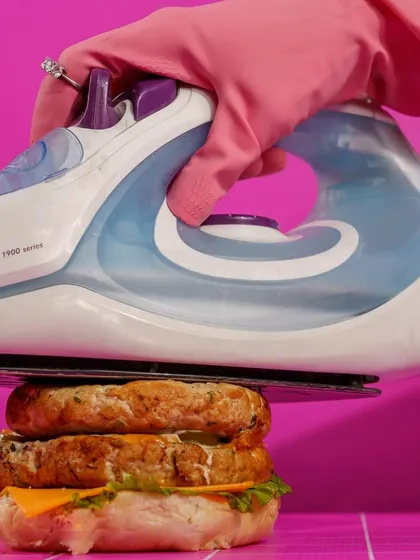 Who irons their burger? We do, for the perfect shot. This playful and unexpected image is part of a series designed to be weird, wonderful, and completely memorable.