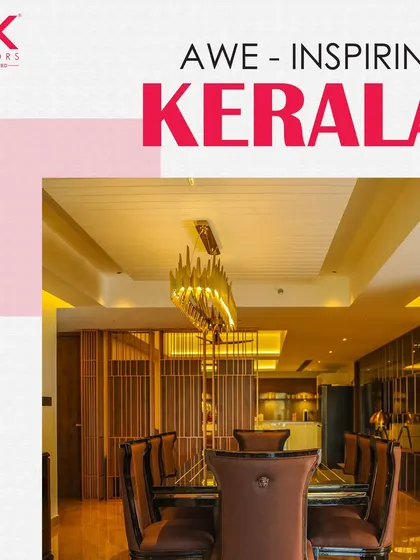 Awe-inspiring Kerala. This image highlights a grand dining room with a statement chandelier, reflecting the luxurious and traditional design sensibilities we cater to across the state.