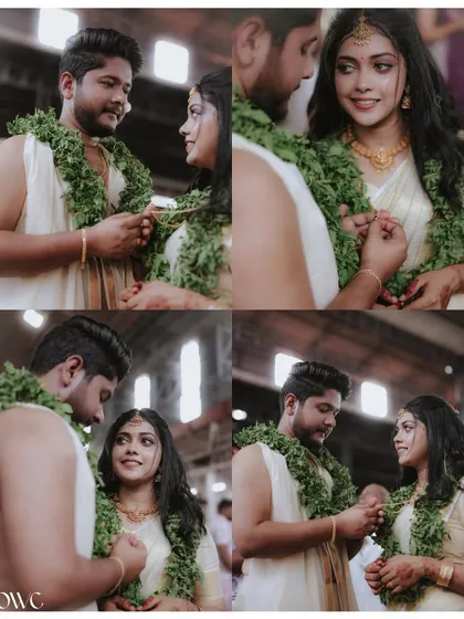A four-part collage showing the intimate and significant moments of the Thalikettu ritual.