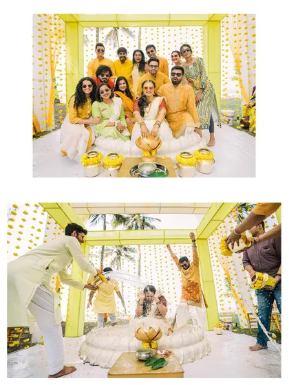 A collage of the couple with their friends during the Haldi, capturing the fun and camaraderie.