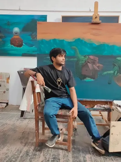 A moment of contemplation in my studio, surrounded by works in various stages of completion. My space is where ideas, memories, and photographs are translated into art.
