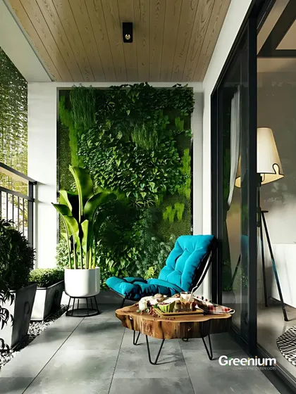 Experience outdoor seating like never before. This cozy balcony features a comfortable lounge chair, a unique wooden coffee table, and a stunning vertical garden, turning it into a perfect personal retreat.