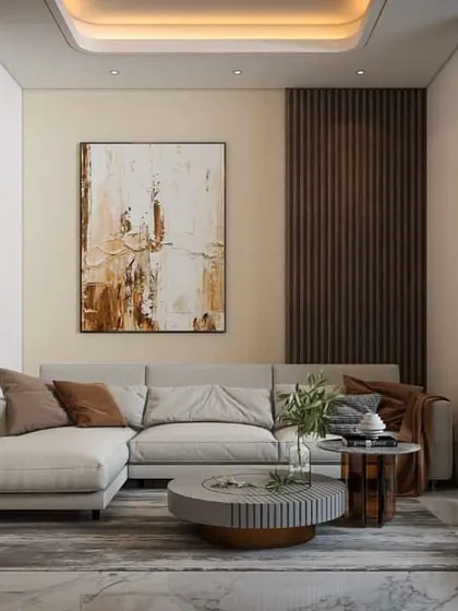 A 3D render of a proposed drawing room design. This visualization helps clients see how the furniture layout, color scheme, and lighting will come together in the final space.