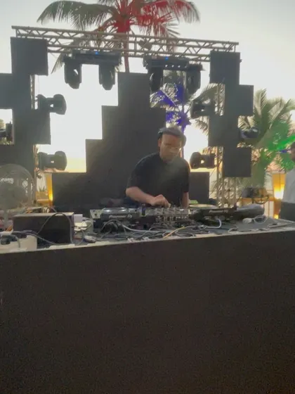 A wide shot of my setup at an outdoor New Year's Eve party. I'm equipped to handle large, open-air venues and deliver a sound that carries across a big space.