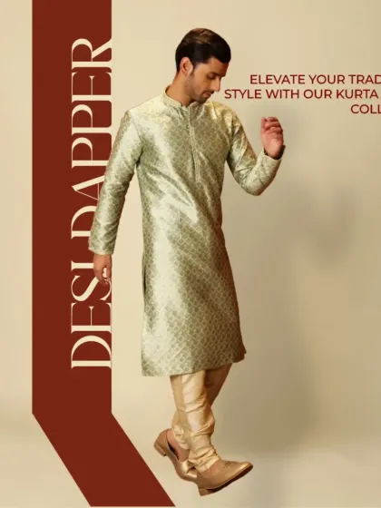 Desi and dapper. Elevate your traditional style with my kurta pajama collection. This sage green printed silk kurta offers a perfect blend of trend and tradition.