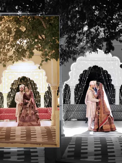 A creative black and white edit of the couple's portrait, highlighting their pose against the decorated arches.