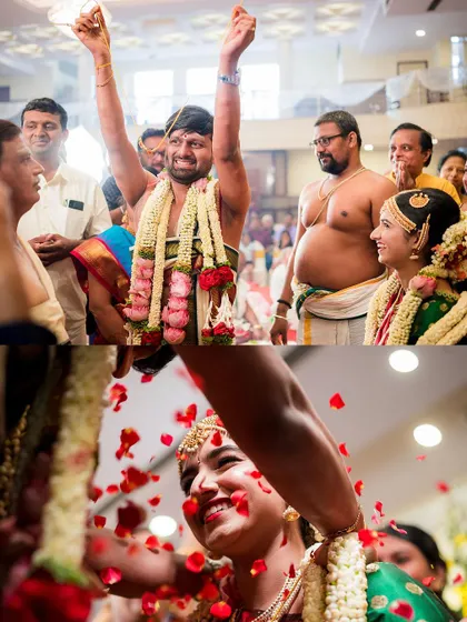 A collage capturing the groom's triumphant moment and the bride's gentle smile as they are showered with rose petals. These are the peak emotional moments of a wedding.