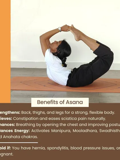 Dhanurasana (Bow Pose) embodies energy and vitality. This infographic details its benefits for strengthening the back and thighs, enhancing breathing, and balancing energy centers.