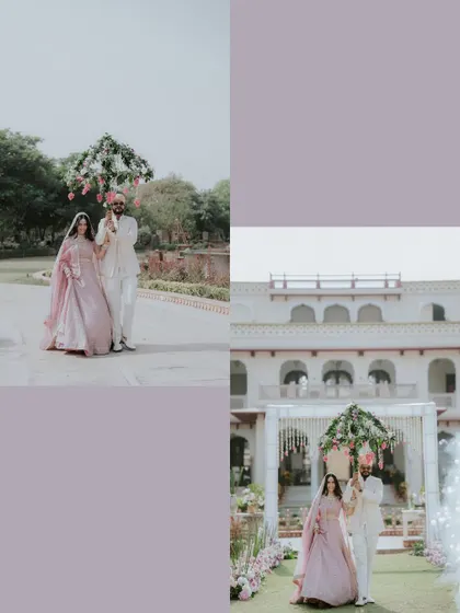A collage showing the couple's walk towards the mandap, capturing the grandeur of the palace and the beginning of their ceremony.