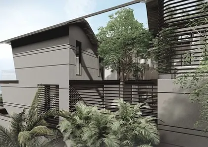 A detail of a home in the Dona Paula Masterplan, showing the interplay of shifting volumes, cantilevered balconies, and slatted screens. The design creates pockets of shade and privacy while maintaining views of the sea.