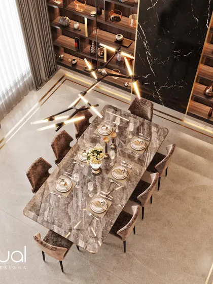 A top-down view of the formal dining table, showcasing the place settings and the texture of the marble tabletop. This level of detail helps create a complete and convincing visualization.