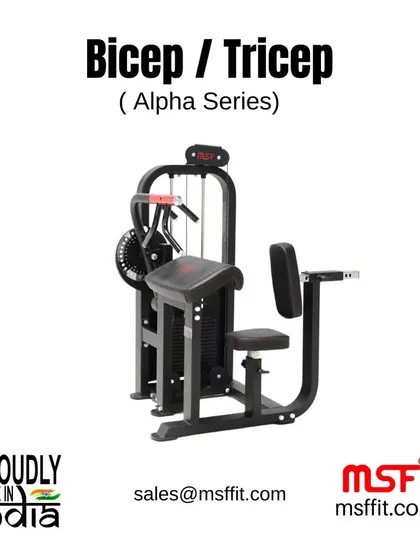 A side view of the Alpha Series Bicep / Tricep machine, showing the adjustable arm pad.