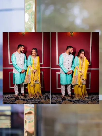 A sequence of candid shots showing the couple's natural, happy interactions. We often capture these moments between formal poses to tell a more complete story.